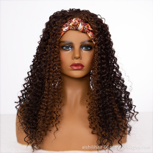 Headband wigs wholesale mix brown heat resistant afro kinky curly fibre headband synthetic hair wigs for black women